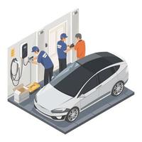 EV Charger Home installation Concept with car Technician use tablet to advise customer to Repair and Maintenance and install House Service isometric isolated illustration cartoon vector