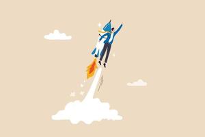 Business takeoff, start new job or boost growing speed to success, ambition, leadership or innovation for advantage concept, businessman with rocket booster takeoff fast flying to new challenge. vector