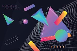 Psychedelic futuristic geometric background composition with dynamic decorative liquid gradient and outline geo elements and objects vector illustration