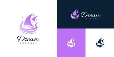 Cute Sailboat Logo Design with Stars in Purple Gradient Style. Ship Logo or Icon vector