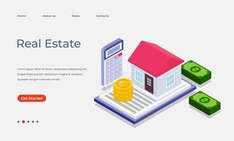 Traveling isometric with a suitcase, earth, location pointer, and passport, Buying mortgage house vector