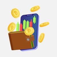 Bitcoin, Wallet, Smartphone, Candlestick pattern 3d isometric illustration for Crypto exchange or trade vector