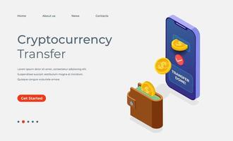 Cryptocurrency isometric landing page with smartphone, wallet, and crypto coins, Crypto exchange vector