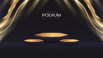 fondo negro y dorado de lujo con podio 3d y luz dorada para exhibición de productos vector