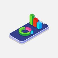 gráfico de barras y gráfico circular en la pantalla del teléfono móvil 3d isométrico, aplicación de análisis vector