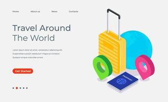 Isometric traveling landing page with suitcase, earth, location pointer, and passport vector