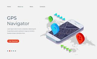 GPS navigation location search on mobile phone isometric landing page vector