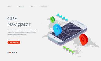 búsqueda de ubicación de navegación gps en la página de destino isométrica del teléfono móvil vector