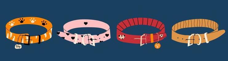 Set of different collars for cats and dogs. Accessories for pets. Vector hand drawn illustration