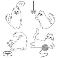 Set of cute cat characters, black outline, doodle style, isolated vector illustration