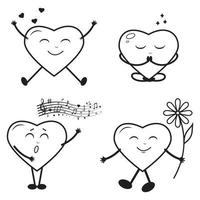 Set of heart-shaped characters, black outline, vector illustration in doodle style