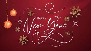 Happy New Year text animation on a red background with snowfall particles. Animated video clip of Happy New Year messages with white text. Animation using 4K motion graphics