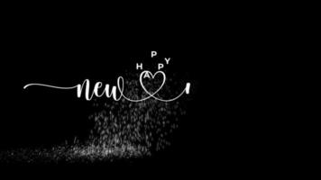 Happy New Year animated clip art with handwritten text and falling particles on a sparkling floor on a black and green screen background is perfect for your video celebration and messages.