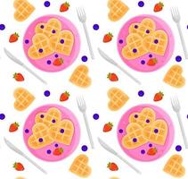 bright vector seamless pattern, romantic breakfast Viennese heart-shaped waffles with berries and cutlery, fabric pattern