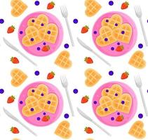 bright vector seamless pattern, romantic breakfast Viennese heart-shaped waffles with berries and cutlery, fabric pattern