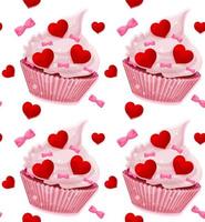 bright vector seamless pattern with valentines day cupcake, hearts and bows, romantic pattern, fabric pattern