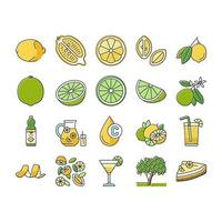 Lemon And Lime Vitamin Citrus Icons Set Vector