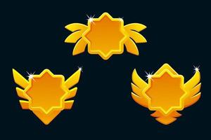 Golden game rank icons isolated. Game badges buttons in star frame with wings vector