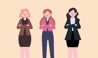 Confident businesswomen stand together. Strong females entrepreneurs support each other vector