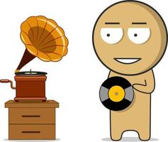 A boy stands near a gramophone with a music record vector