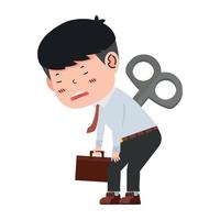 Tired businessman with Clockwork key cartoon vector