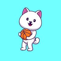 lindo perro spitz con ilustración de iconos vectoriales de dibujos animados de baloncesto. concepto de caricatura plana. adecuado para cualquier proyecto creativo. vector