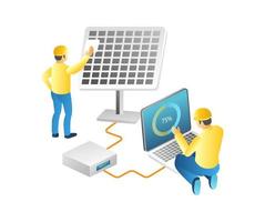 Flat isometric 3d illustration concept of two technicians maintaining energy solar panels vector