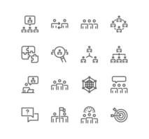 Set of teamwork and business management icons, partnership, social, organization, leader, friendship and linear variety vectors. vector