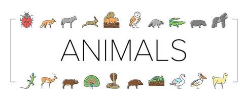 Wild Animals, Bugs And Birds Icons Set Vector