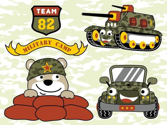 Vector illustration of cartoon funny bear soldier with armored vehicles, military elements