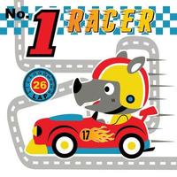 Cute rhino driving racing car on track, vector cartoon illustration