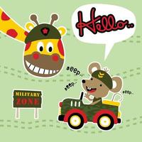 Cute giraffe wearing military beret, little mouse driving military car, vector cartoon illustration