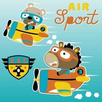bear and horse in race of plane, vector cartoon illustration