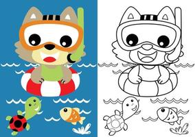 vector cartoon of little cat wearing diving goggles with turtle and fish, coloring book or page