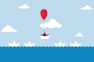 Think different, innovation to alternate from recurring conventional wondering concept, stand out origami paper boat flying with air balloon in specific course in preference to observe others vector