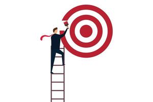 Purpose, Set business goal, KPI. Ambitious businessman on ladder use paint roller to draw big dart board, shoot target bow vector