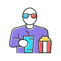 spectator watching movie and eating popcorn in cinema color icon vector illustration