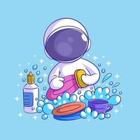 Astronaut is washing dishes and glasses vector