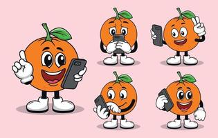 linda mascota de fruta naranja con varios tipos de expresiones colección vector