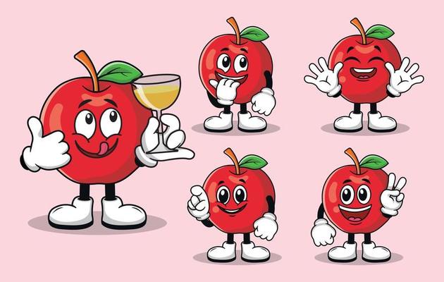 Cute apple fruit mascot with various kinds of expressions set collection