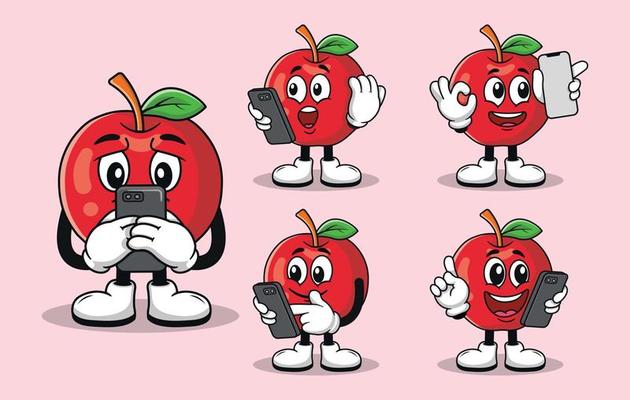 Cute apple fruit mascot with various kinds of expressions set collection