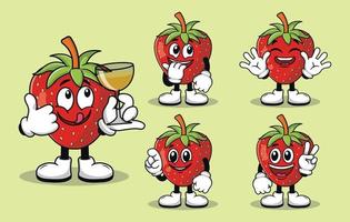 linda mascota de fruta de fresa con varios tipos de colección de conjuntos de expresiones vector