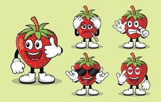 Cute strawberry fruit mascot with various kinds of expressions set collection vector