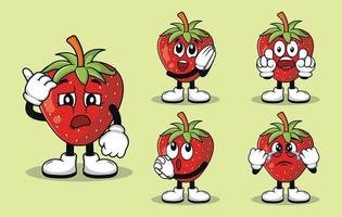 linda mascota de fruta de fresa con varios tipos de colección de conjuntos de expresiones vector