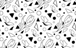 Seamless pattern tulip, butterfly, triangle, circle. Doodle Black and white geometric vector pattern