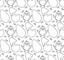 Seamless pattern eggs, egg shell and chiks character. Doodle Black and white vector illustration.