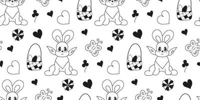 Seamless pattern rabbit, bunny, butterfly, eggs Easter and hearts. Doodle Black and white vector. vector