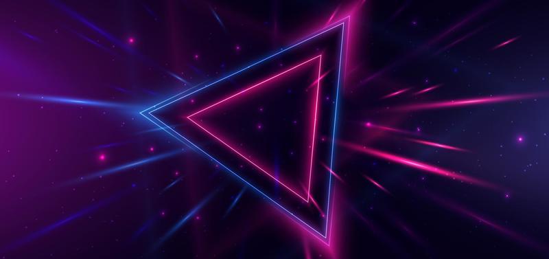 Abstract technology futuristic neon triangle glowing blue and pink  light lines with speed motion blur effect on dark blue background.