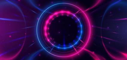 Abstract technology futuristic neon circle glowing blue and pink  light lines with speed motion blur effect on dark blue background. vector