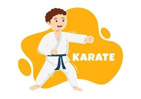 niños haciendo algunos movimientos básicos de artes marciales de karate, pose de lucha y usando kimono en dibujos animados dibujados a mano para la ilustración de plantillas de página de inicio vector